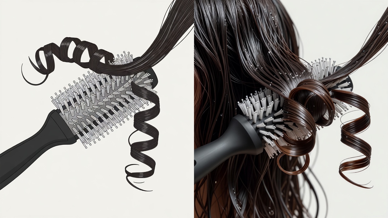 Close-up illustration and photo of a 7-row styling brush turning a wet hair section into a springy curl ribbon