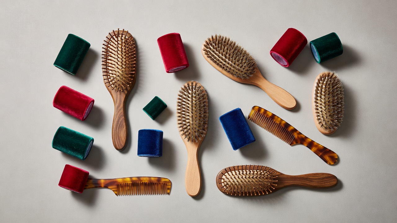Editorial flatlay of wooden pin brushes, boar bristle brushes, velvet rollers, and cellulose acetate combs