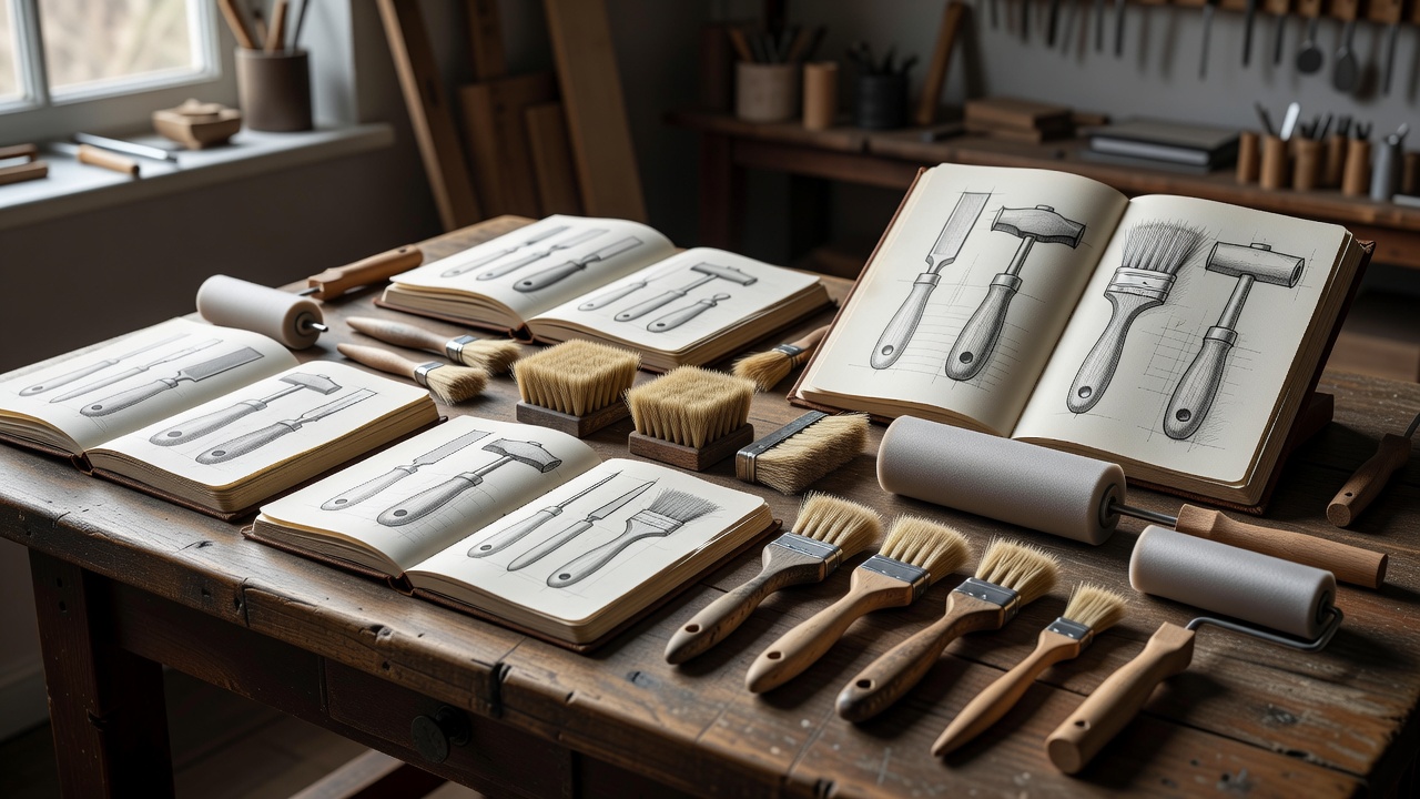 Studio table at Relaymatjumbex showing illustrated tool notebooks, hornbeam brushes, and satin rollers