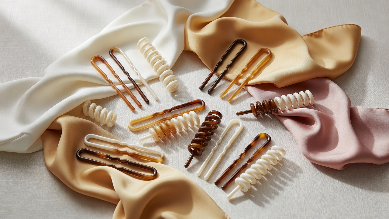 Collection of cellulose acetate French U-pins, spiral spin pins, and mulberry silk sleep wraps
