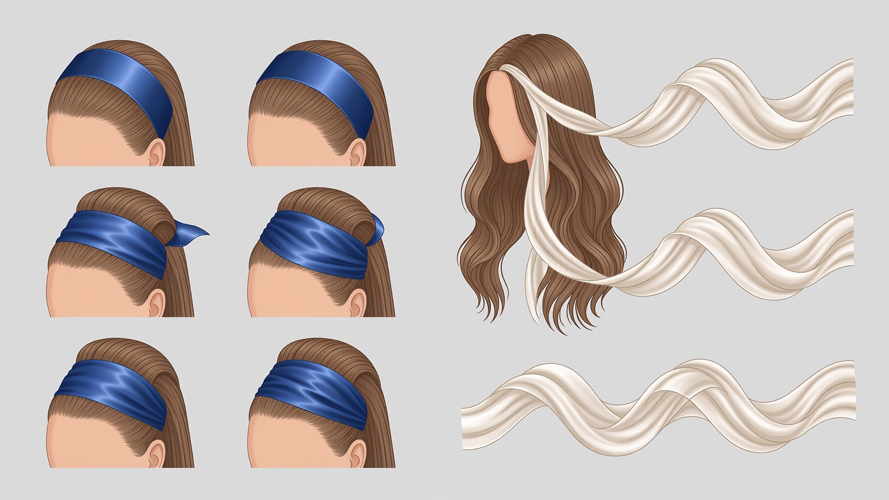 Step-by-step vector and studio guide showing hair wrapped around a satin crown ribbon away from the face